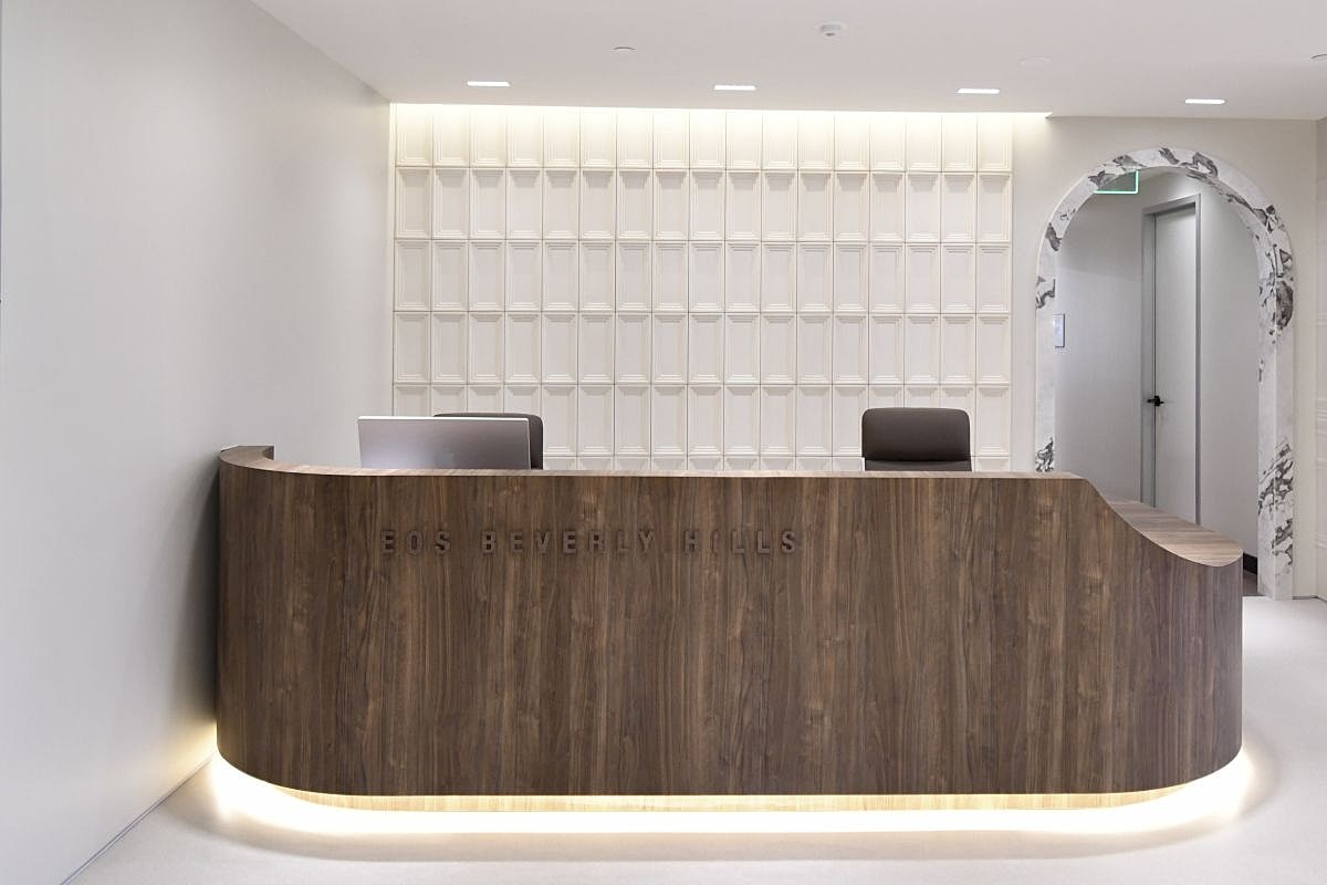 Modern reception desk in stylish office setting