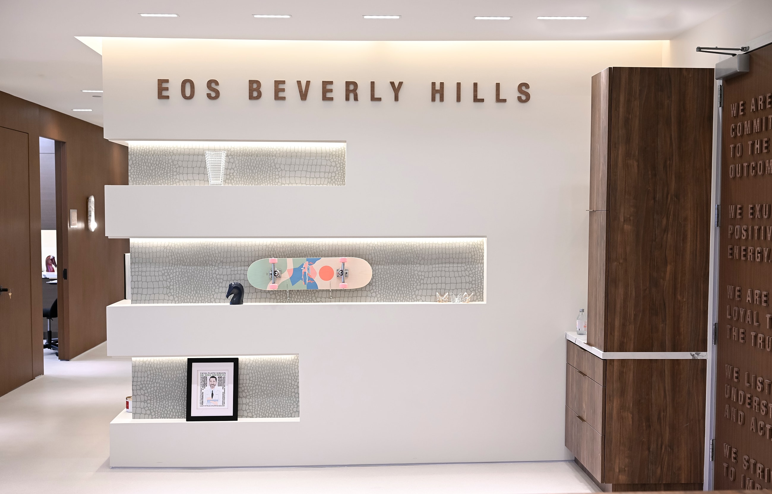 EOS Beverly Hills interior with skateboard display.
